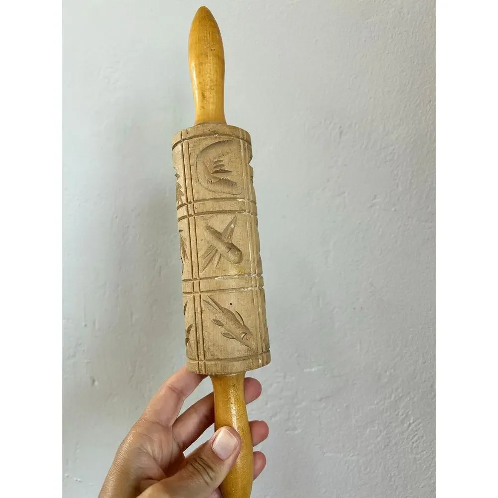 Vintage Carved Wood Springerle Rolling Pin | Farmhouse Baking Decor